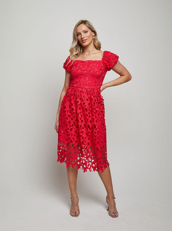 Bardot Premium Lace Fit and Flare Midi Dress in Hot Pink