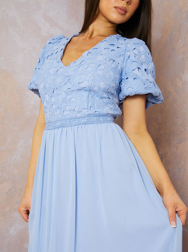Puff Sleeve Premium Lace Midi Dress in Blue