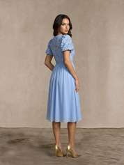 Puff Sleeve Premium Lace Midi Dress in Blue