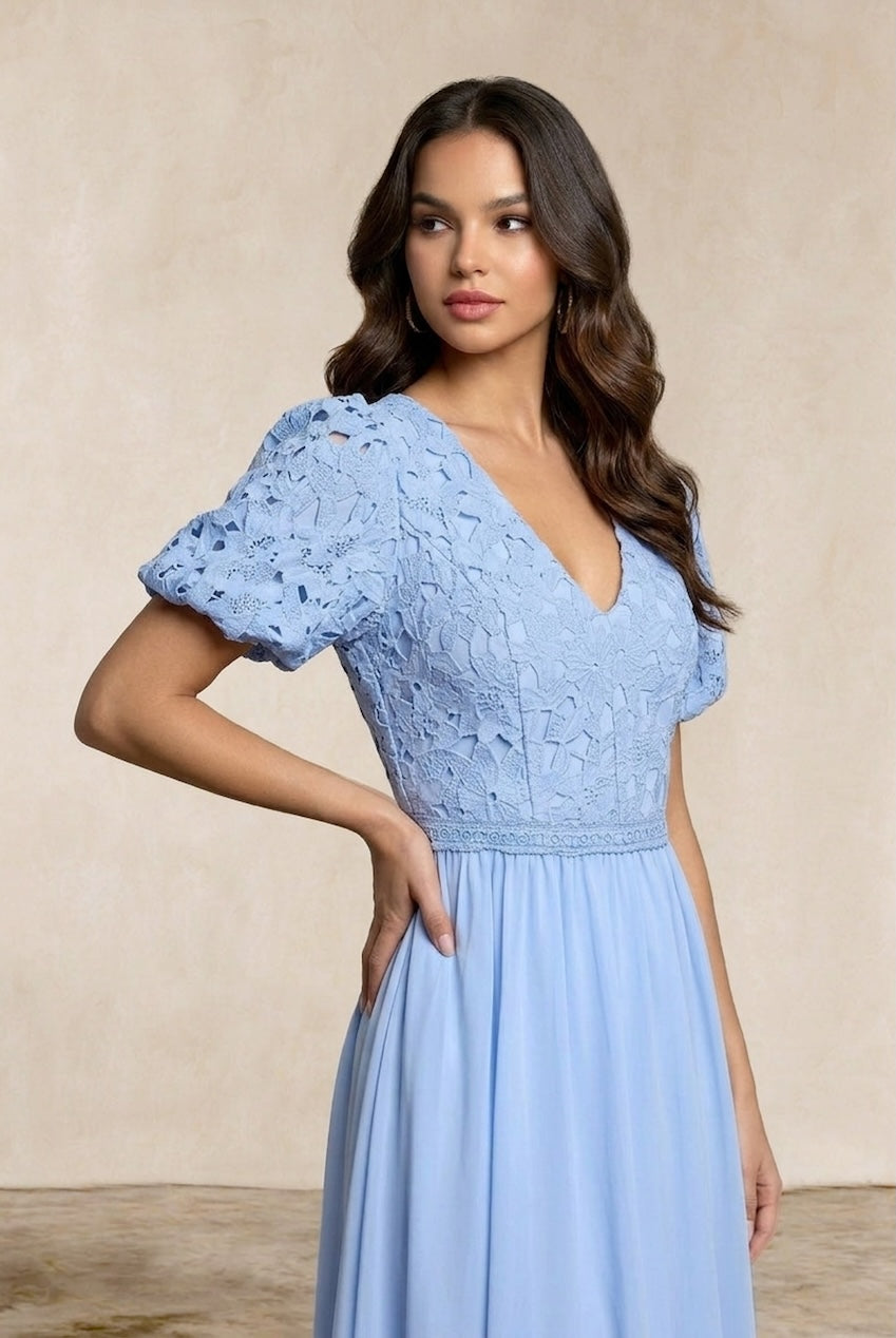 Puff Sleeve Premium Lace Midi Dress in Blue