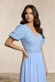 Puff Sleeve Premium Lace Midi Dress in Blue