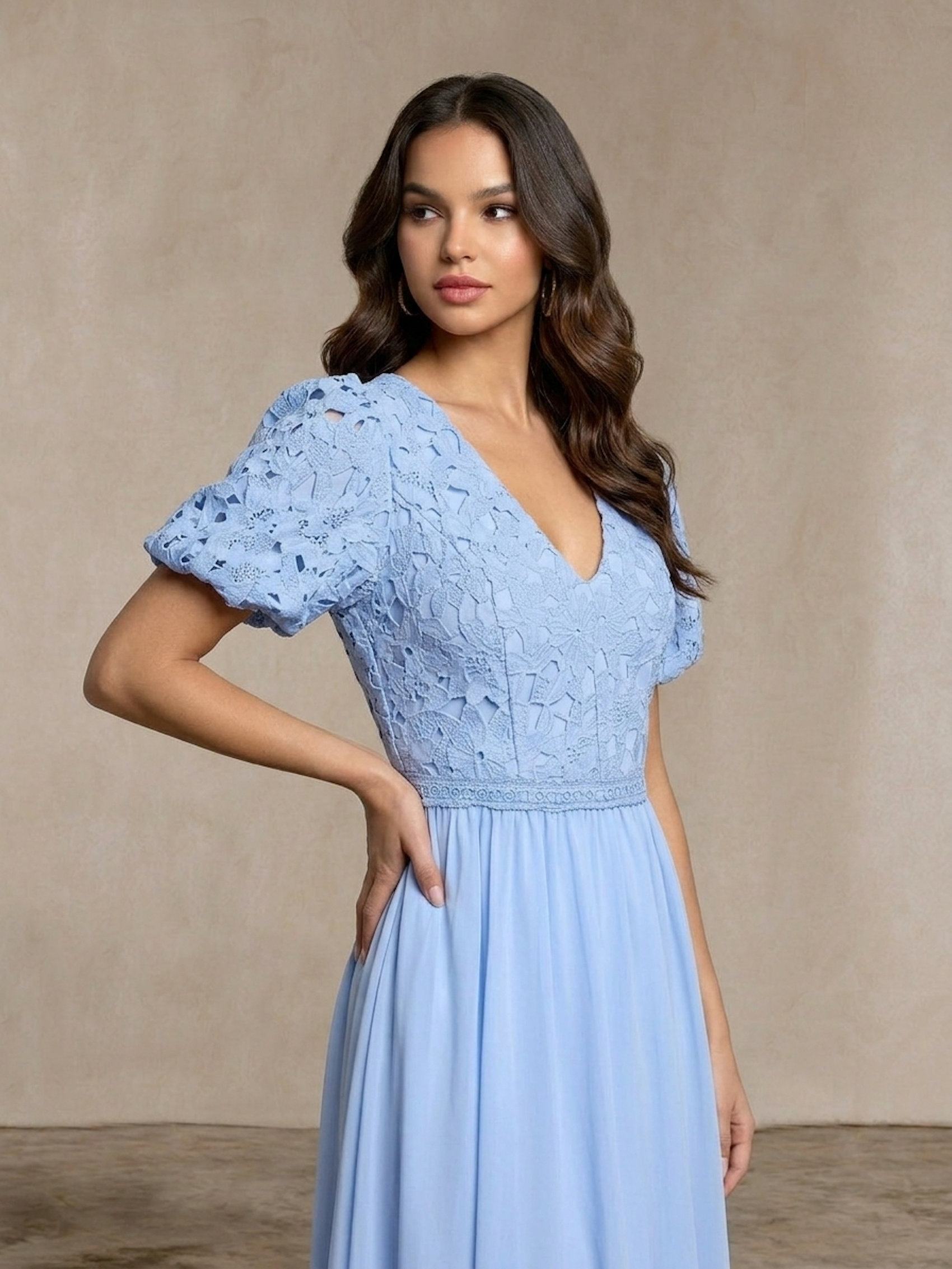knee length dresses for ladies Puff Sleeve Premium Lace Midi Dress in Blue
