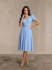 Puff Sleeve Premium Lace Midi Dress in Blue