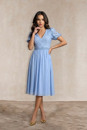 Puff Sleeve Premium Lace Midi Dress in Blue