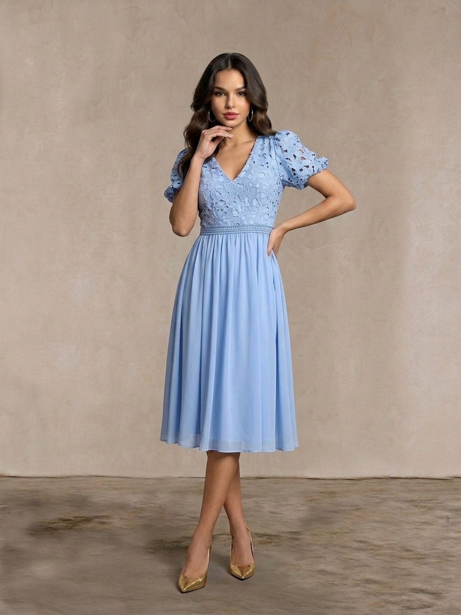 Puff Sleeve Premium Lace Midi Dress in Blue