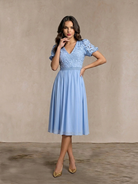 Puff Sleeve Premium Lace Midi Dress in Blue