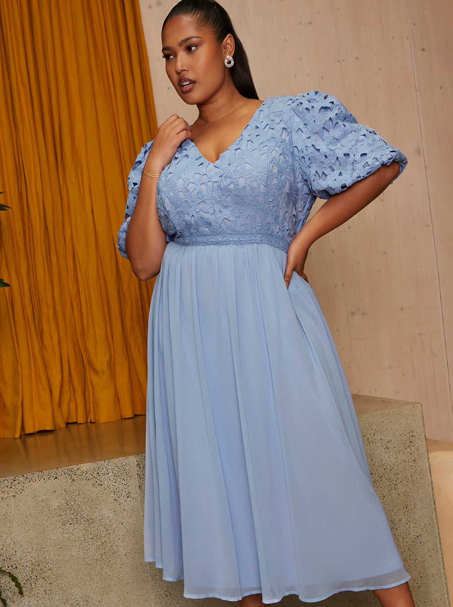 Plus Size Puff Sleeve Premium Lace Midi Dress in Blue | Chi Chi London UK Plus Size Puff Sleeve Premium Lace Midi Dress in Blue | Chi Chi London UK