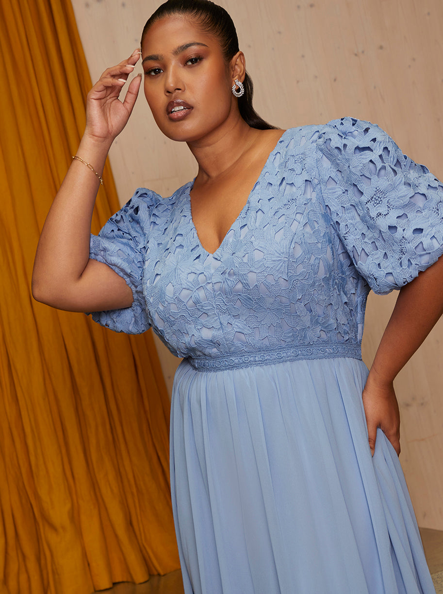 Plus Size Puff Sleeve Premium Lace Midi Dress in Blue | Chi Chi London UK Plus Size Puff Sleeve Premium Lace Midi Dress in Blue | Chi Chi London UK