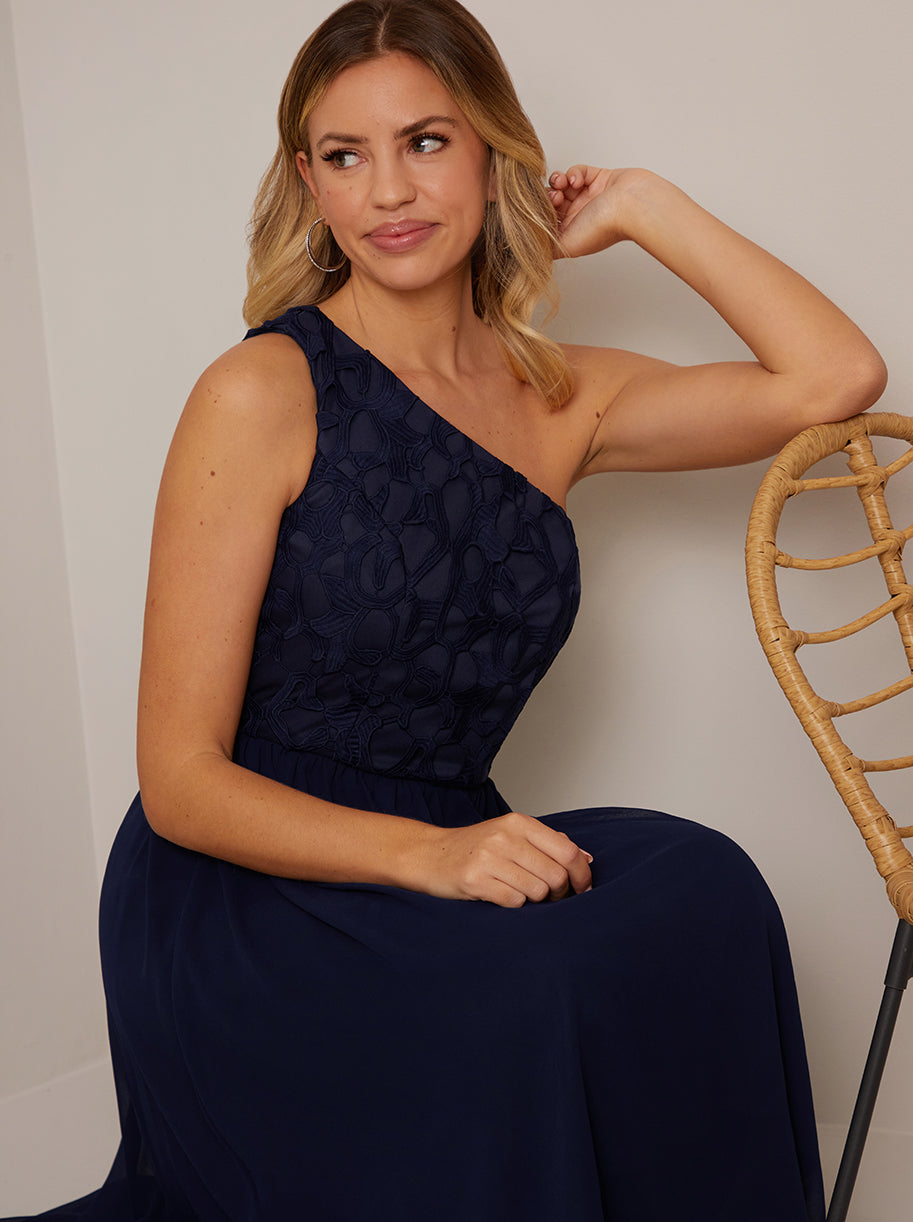 Chi Chi One Shoulder Premium Lace Chiffon Midi Dress in Navy Blue Female 14 Chi Chi One Shoulder Premium Lace Chiffon Midi Dress in Navy Blue Female 14