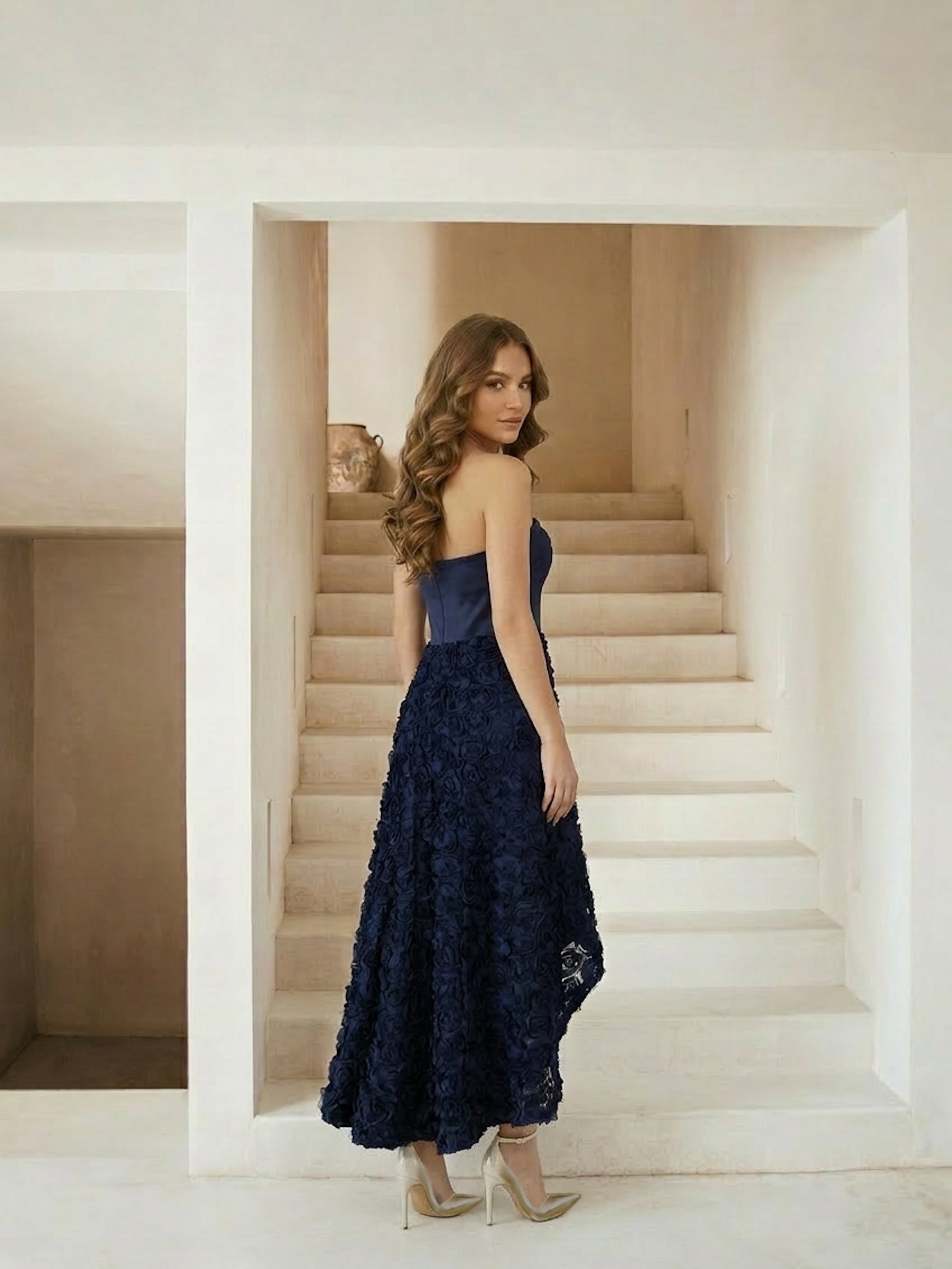 3D Floral Dip Hem Dress in Navy