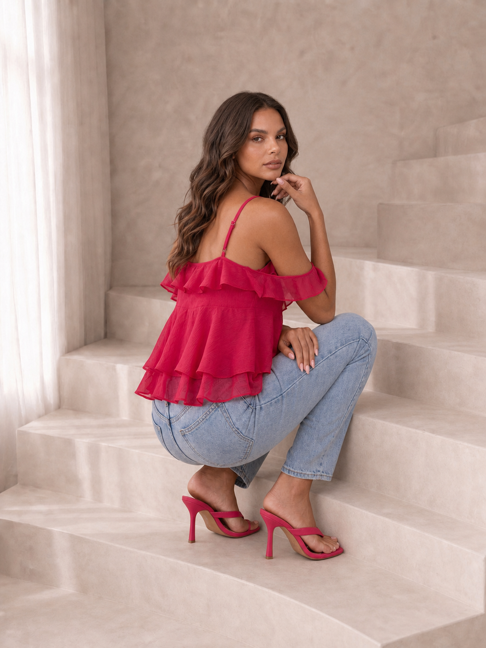 Asymmetric Ruffle Detail Top in Pink