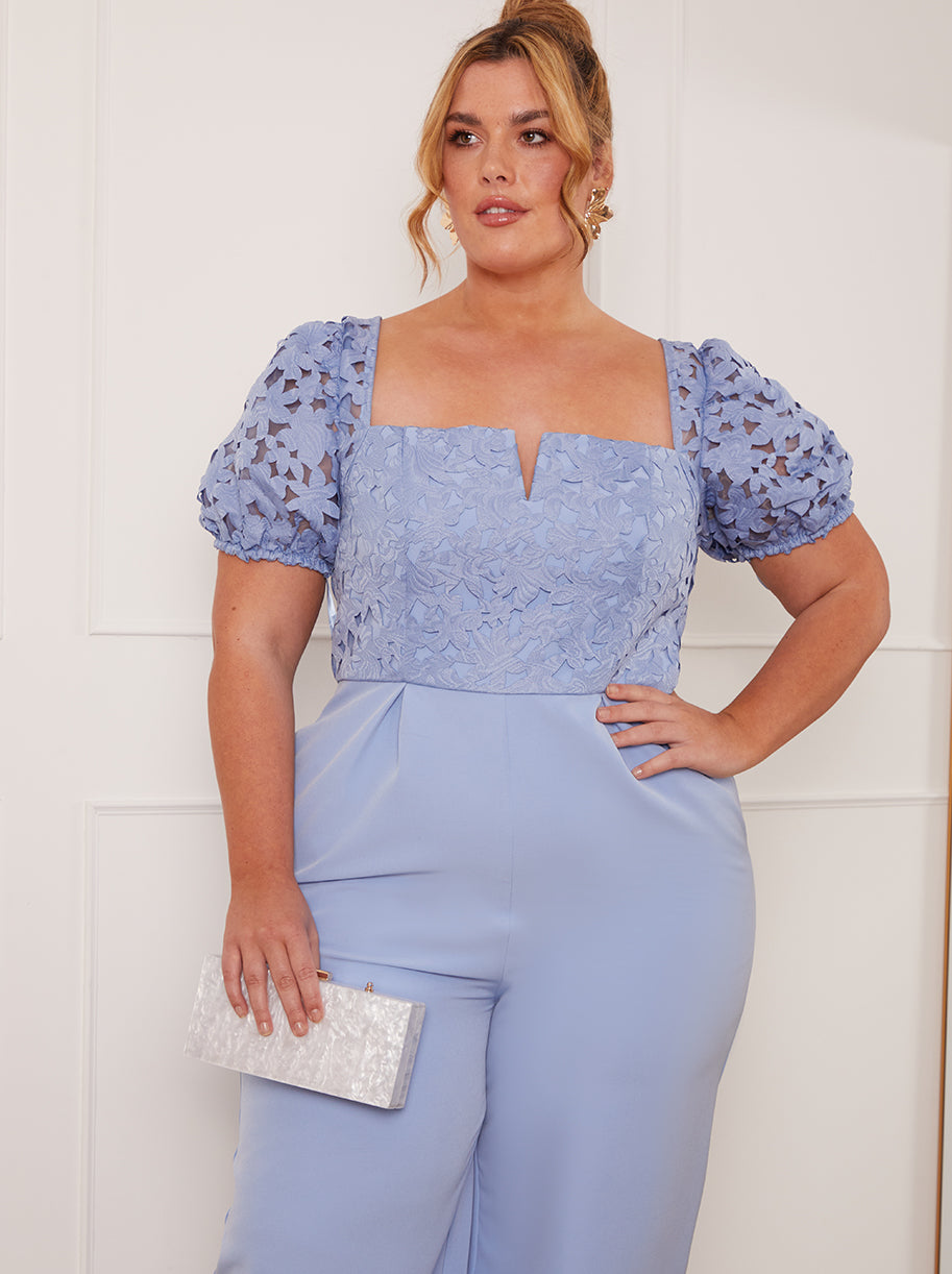 Plus Size Puff Sleeve Crochet Jumpsuit in Blue
