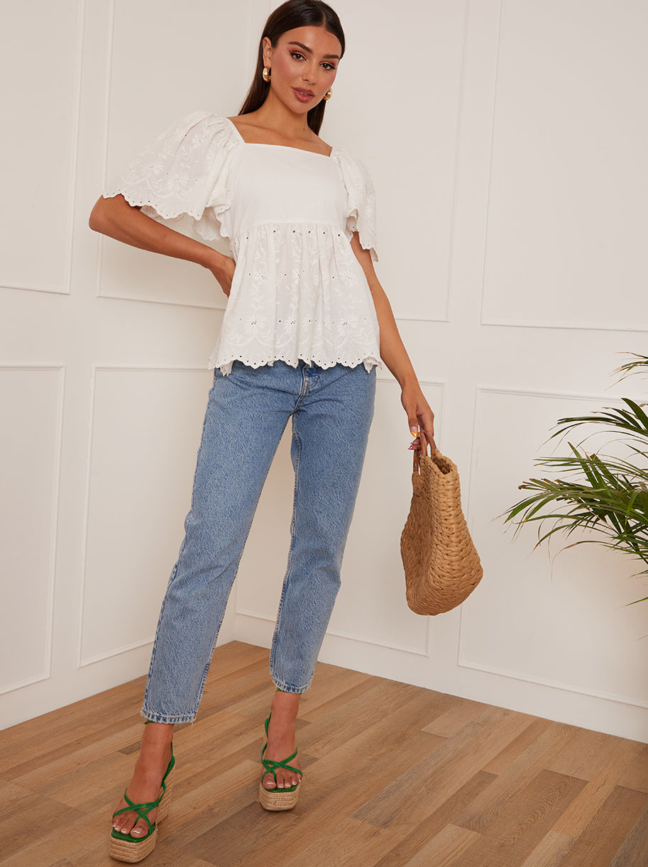 Short Sleeve Broderie Anglaise Peplum Top in White