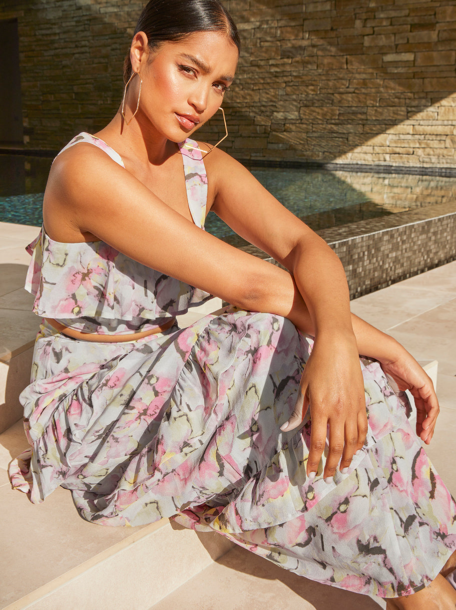 Ruffle Floral Crop Top in Grey