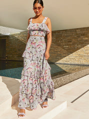 Ruffle Floral Tiered Maxi Skirt in Grey