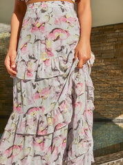 Ruffle Floral Tiered Maxi Skirt in Grey