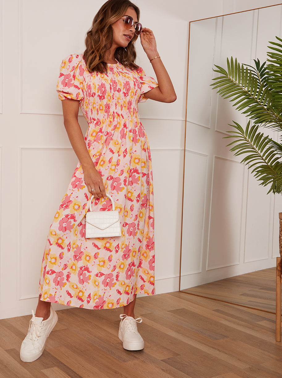 Short Sleeve Floral Shirred Midi Dress in Orange