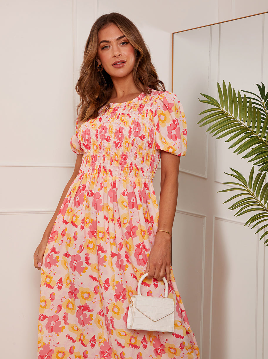 Short Sleeve Floral Shirred Midi Dress in Orange
