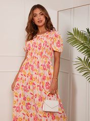 Short Sleeve Floral Shirred Midi Dress in Orange