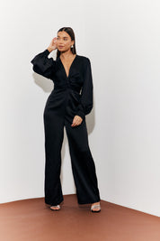 Twist Front Detail Wide Leg Satin Jumpsuit