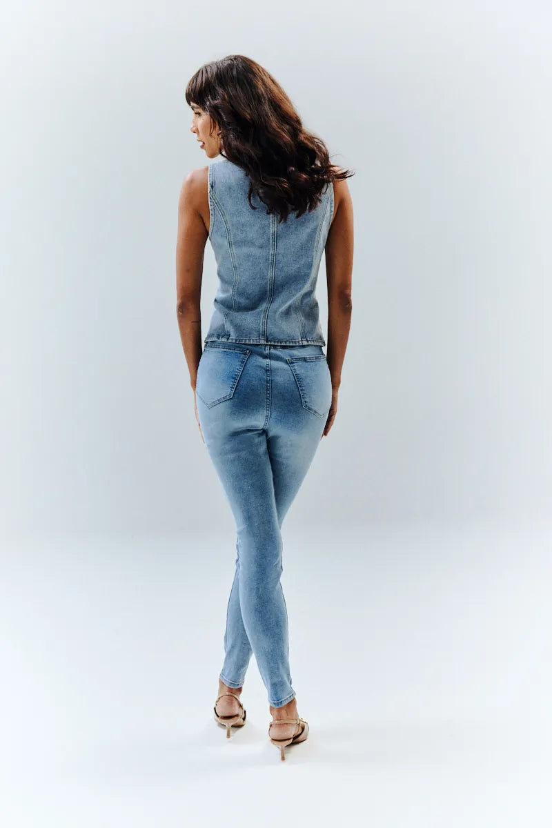 In The Style Denim Crew Neck Waistcoat in  Blue