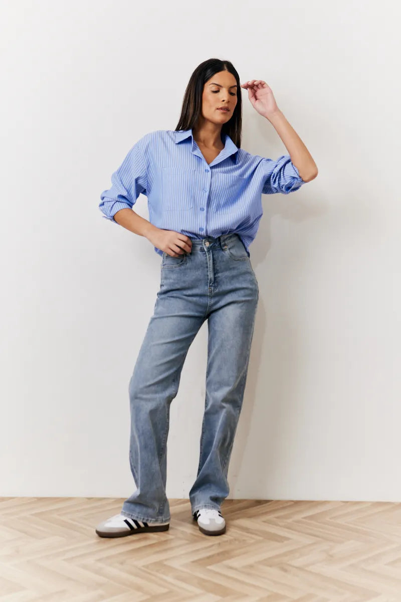 In The Style Oversized Striped Poplin Shirt in Blue
