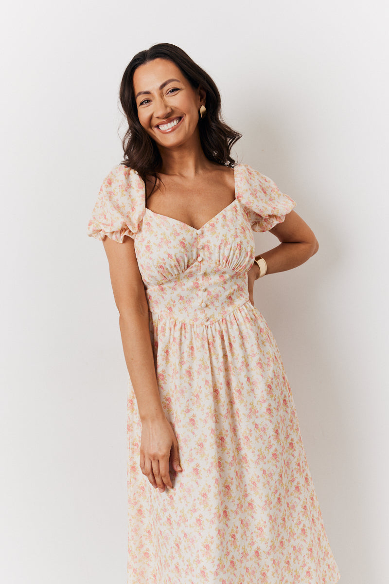 white christmas dresses Cream Floral Print Puff Sleeve Milkmaid Midi Dress