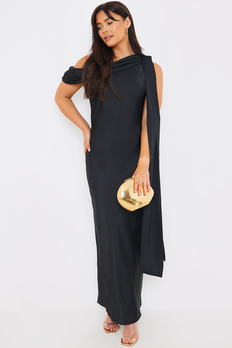 Satin Asymmetric Draped Neckline Maxi Dress Black / Standard / 16 Satin Asymmetric Draped Neckline Maxi Dress Black / Standard / 16