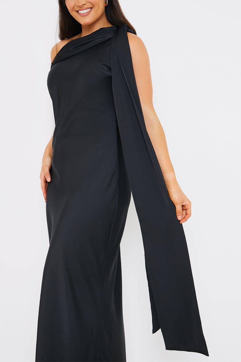 Satin Asymmetric Draped Neckline Maxi Dress Black / Standard / 16 Satin Asymmetric Draped Neckline Maxi Dress Black / Standard / 16