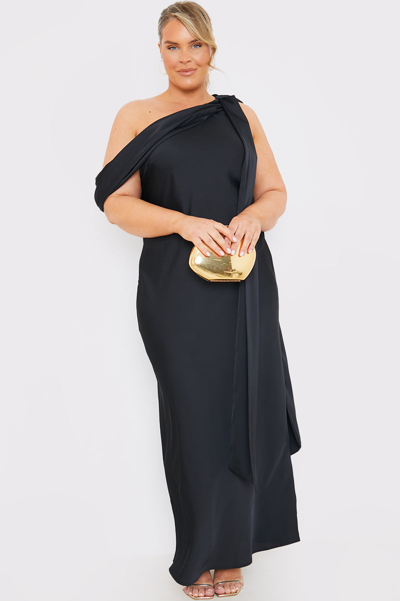 Satin Asymmetric Draped Neckline Maxi Dress Black / Standard / 16 Satin Asymmetric Draped Neckline Maxi Dress Black / Standard / 16