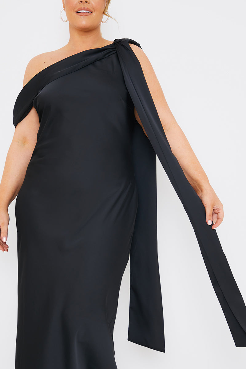Satin Asymmetric Draped Neckline Maxi Dress