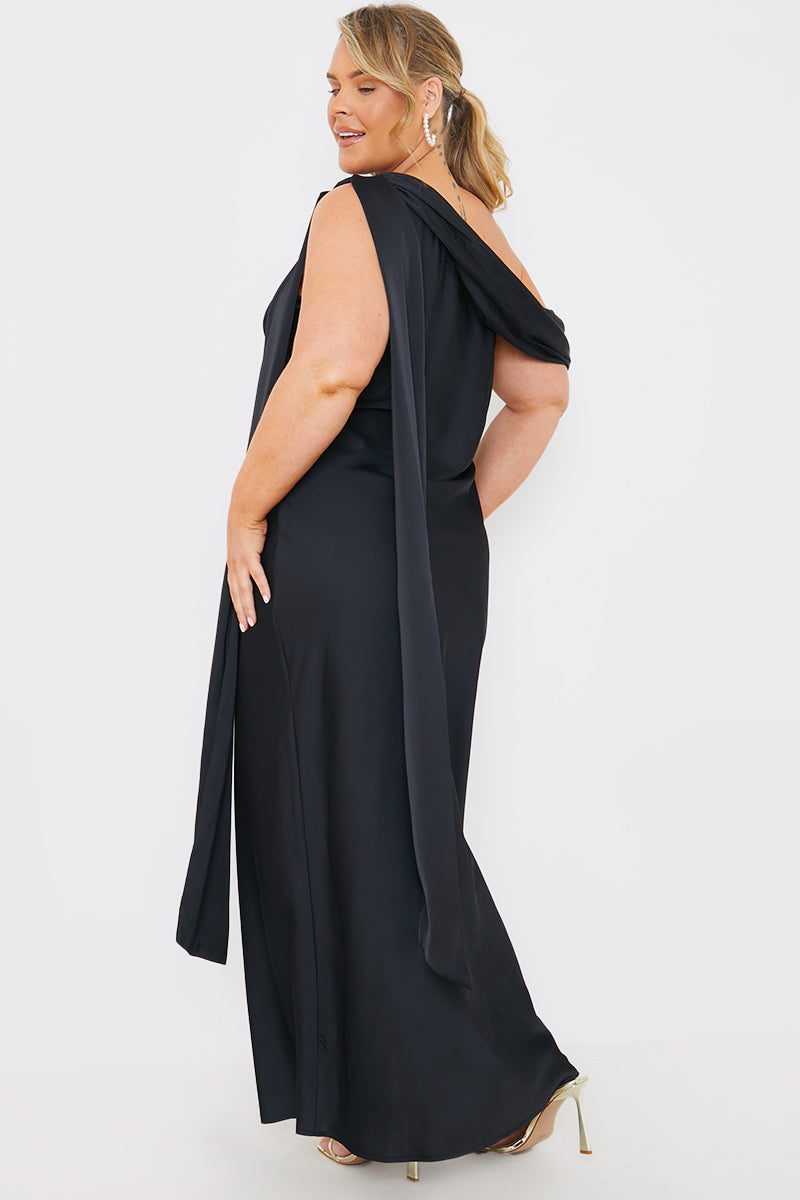 Satin Asymmetric Draped Neckline Maxi Dress