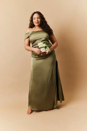 In The Style Olive Satin Bardot Ruched Maxi Dress