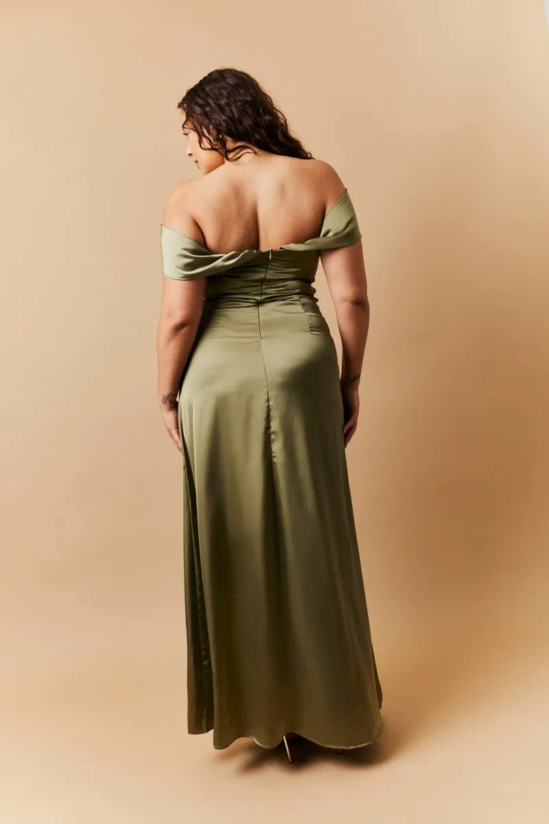 In The Style Olive Satin Bardot Ruched Maxi Dress