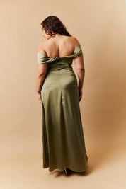 In The Style Olive Satin Bardot Ruched Maxi Dress