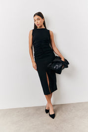 Black Bengaline Ruched Midi Dress