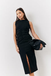 Black Bengaline Ruched Midi Dress