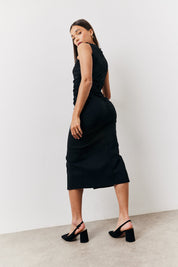 Black Bengaline Ruched Midi Dress