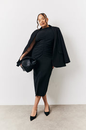Black Bengaline Ruched Midi Dress