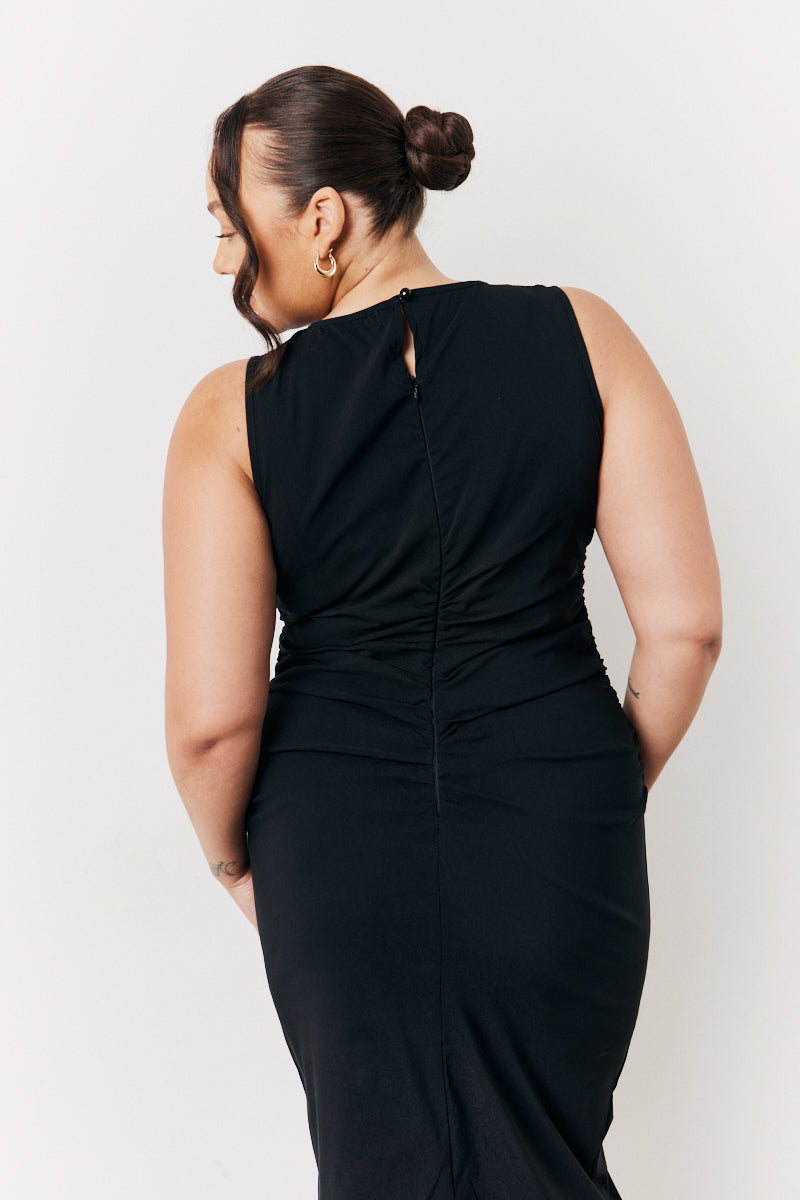 Black Bengaline Ruched Midi Dress