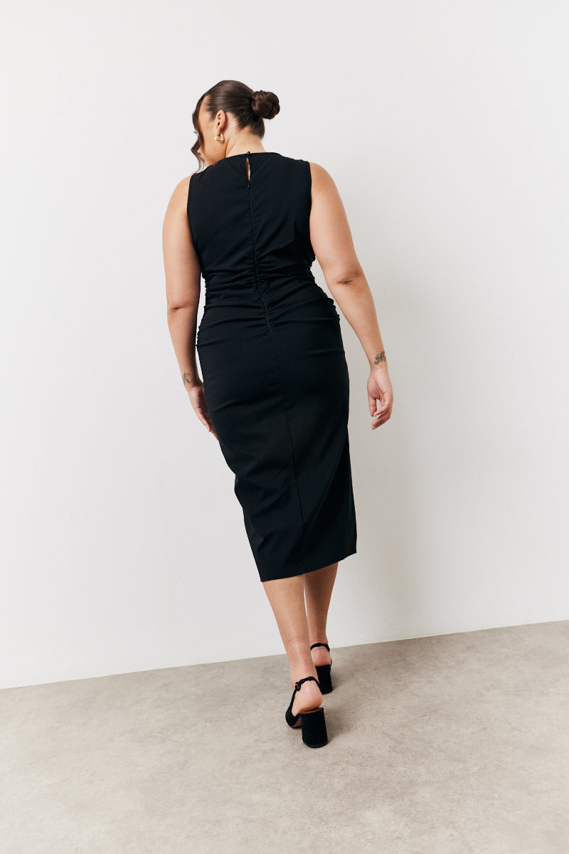 Black Bengaline Ruched Midi Dress