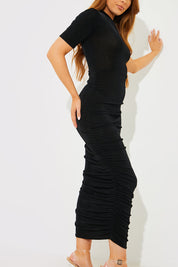Acetate Slinky Ruched High Neck Midaxi Dress