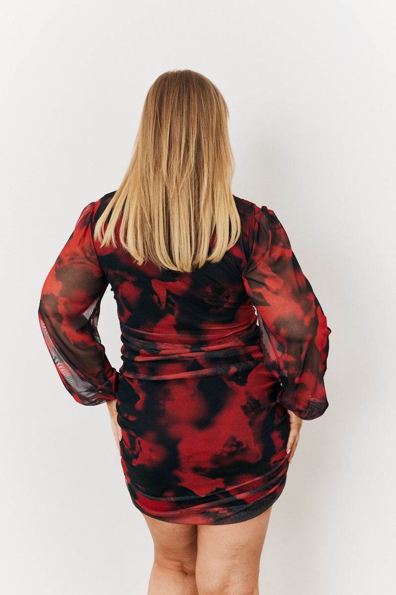 Abstract Print Ruched Mesh Mini Dress
