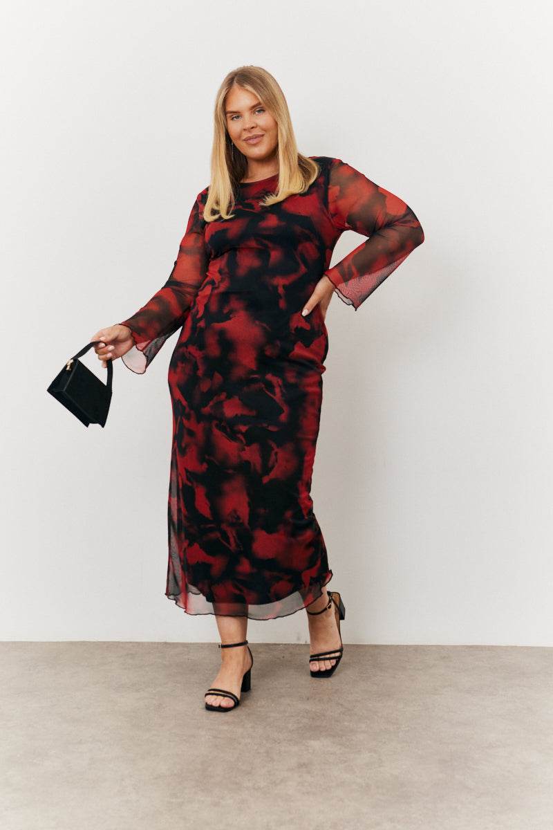 Abstract Print Mesh Open Back Detail Maxi Dress