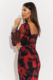 Abstract Print Mesh Open Back Detail Maxi Dress