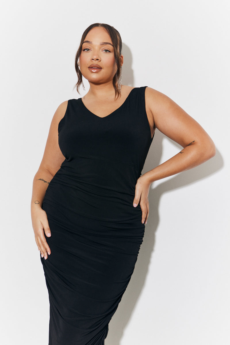 Magic Sculpting Plunge Neck Ruched Detail Midaxi Dress