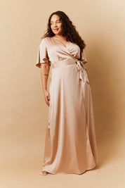 In The Style Light Gold Satin Wrap Tie Angel Sleeve Maxi Dress