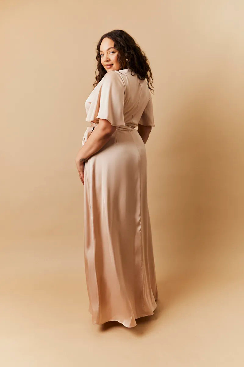In The Style Light Gold Satin Wrap Tie Angel Sleeve Maxi Dress