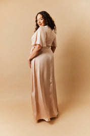 In The Style Light Gold Satin Wrap Tie Angel Sleeve Maxi Dress