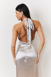 Silver Liquid Satin Halterneck Split Detail Maxi Dress